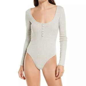 Open Edit Bodysuit Women’s Size M Henley Organic Cotton Blend Ribbed Cream